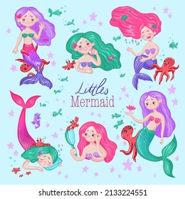 conjunto de ilustraciones de niños vectoriales con pequeñas sirenas lindas y sus amigos pulpos, cangrejos y peces. 