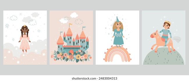 A set of vector children's magic greeting cards featuring princes, princesses, and castles. Perfect for birthday invitations, nursery decor, party decorations, and educational materials. 