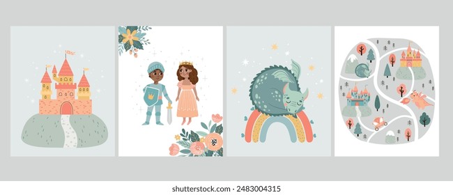 A set of vector children's magic greeting cards featuring princes, princesses, and castles. Perfect for birthday invitations, nursery decor, party decorations, and educational materials. 