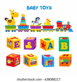 Set of vector children's toys. A set of cubes with colorful pictures and the alphabet. The train carries the toys, including a giraffe, duck, horse, pyramid.