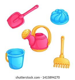 Set of vector childrens toys for playing with sand. Watering can, scoop, bucket, rake, sand mold. Summer cartoon beach objects on a white background.