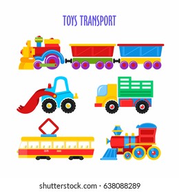 Set of vector children's toys. Transport. Isolated on white background. Including the train, dump truck, truck, tram, excavator.