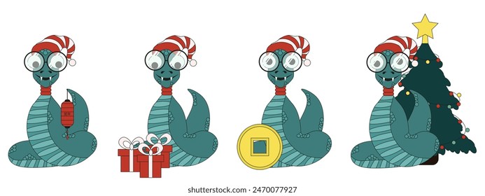 Set vector Chinese 2025 Zodiac Snake in trendy Flat style isolated transparent background. Funny Trippy Weird of Chinese 2025 New Year Luna symbol. Vector can used web postcard, banner, poster design.