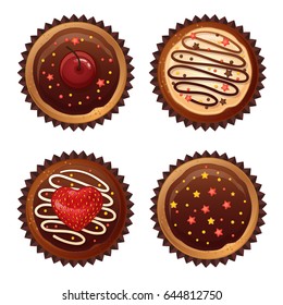 Set of vector chocolate cakes with cherries, strawberries and sprinkles. Top view flat icon.