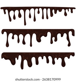 Set of vector chocolate drip borders with smooth, glossy texture and colorful sprinkles on transparent background. Ideal for dessert design, cake decorations, bakery branding, or food ads.