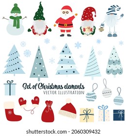 Set of vector Chrismas end new year elements. Santa claus, scandinavian gnomes, christmas trees and balls, gifts and snowflakes.
