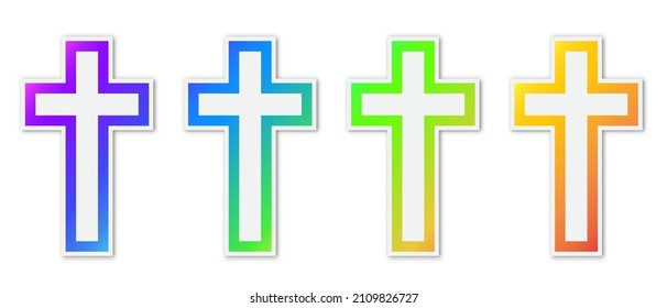 Set von Vektorsymbol für christliches Kreuz. Papieraufkleber mit Schatten. Farbige christliche Symbole einzeln.