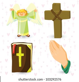 Set of vector christian symbols - angel, cross, Holy Bible, prayer's hands