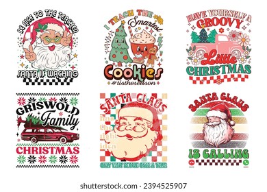 Set of vector christmas 90's groovy, vintage retro  t-shirt design bundle. For t-shirt prints, posters, and other uses.