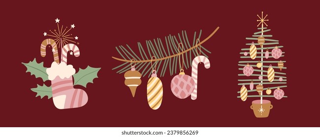 Set of vector Christmas advent presents and home decorations illustrations. Hand painted socking, modern decorated Christmas tree and branch. Cozy cute flat icon collection