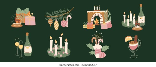 Set of vector Christmas advent presents and home decorations illustrations. Hand painted socking, modern decorated Christmas tree and drinks. Cozy cute flat icon collection