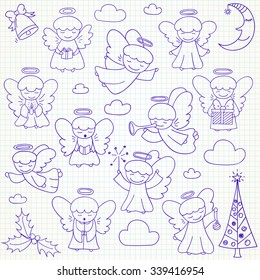 Set of vector Christmas angels and ornaments in doodle style (included xmas tree;  mistletoe; angels; bell;  pine; crescent, gift). Can be used for xmas or winter design