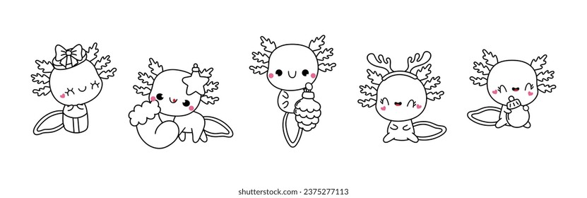 Set of Vector Christmas Axolotl Coloring Page. Collection of Kawaii Isolated New Year Amphibian Outline. 