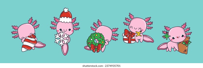 Set of Vector Christmas Axolotl Illustrations. Collection of Kawaii Isolated Christmas Animal Art for Stickers. 