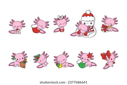 Set of Vector Christmas Axolotl Illustrations. Collection of Kawaii Isolated Christmas Animal Art for Stickers. 