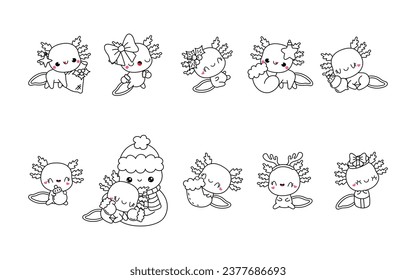 Set of Vector Christmas Axolotl Illustrations. Collection of Kawaii Isolated Christmas Animal Art for Stickers. 