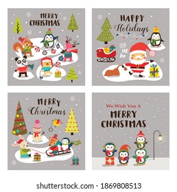 Set of vector Christmas background with santa claus and cute cartoon animals.