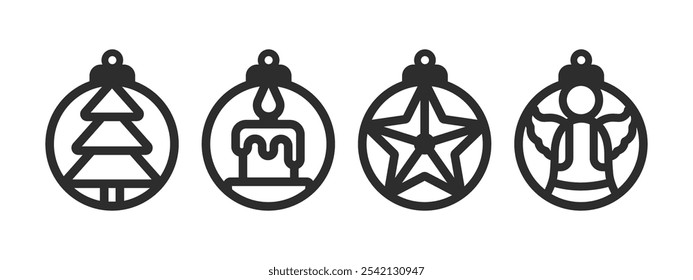 Set of vector Christmas ball designs, earrings, pendant or keychain. Jewelry silhouette laser cut template. Cnc cutting with metal, wood or leather. Round New Years decorative elements