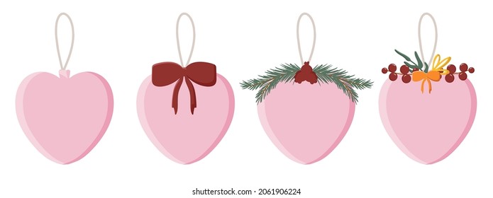 Conjunto de bolas vectoriales de Navidad con elementos decorativos, ramas de abeto y botánico, bayas rojas y un arco. La colección es un juguete navideño con una hermosa decoración al estilo de las caricaturas planas