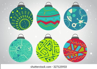 Set of vector Christmas balls, ethnic style, cool colors