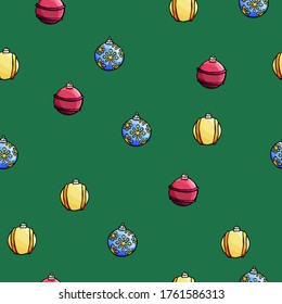 Set of vector christmas balls on a seamless background, new year, new year patern, pattern, textiles, christmas toys, christmas balls, christmas toys, clothes, tablecloth, cloth, green, cartoon style