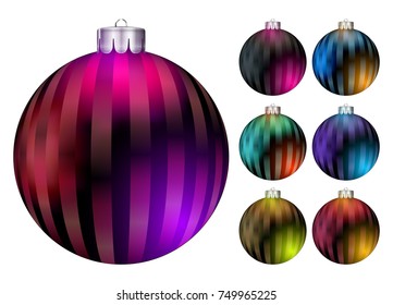 Set of Vector Christmas Balls. Realistic Colorful Xmas Ball with Glossy Strips. Green, Red, Black, Pink, Blue, Purple, Violet Colors. Vintage, Elegant and Luxury. Isolated on White.