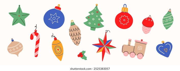 Conjunto de bolas de Navidad de Vector. Adornos de Navidad aislados sobre fondo blanco. Diseños de decoración de diciembre en estilo retro. Adorno de vacaciones de invierno, decoración de árboles, juguetes, baya de acebo. Ilustración vectorial EPS 10.