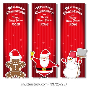 Set vector Christmas banner with Santa Claus, snowman, Gingerbread Man and hand drawn text Merry Christmas and Happy New Year 2016 on red gradient stripped background