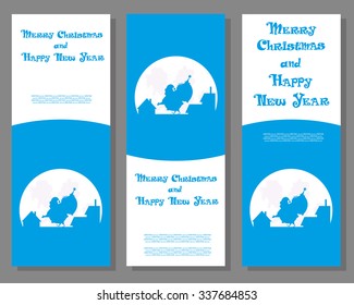 Set vector christmas banner Santa Claus with big bag gifts walking on the roof against a background of silhouettes of city roofs and moon for design tickets or invitations  and hand drawn text 