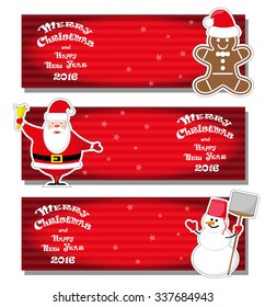 Set vector Christmas banner with Santa Claus, snowman, Gingerbread Man and hand drawn text Merry Christmas and Happy New Year 2016 on red gradient stripped background