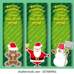Set vector Christmas banner with Santa Claus, snowman, Gingerbread Man and hand drawn text Merry Christmas and Happy New Year 2016 on yellow green gradient stripped background
