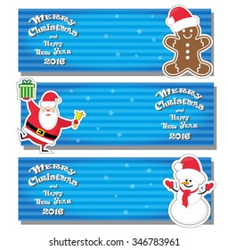 Set of vector Christmas banner with Santa Claus, snowman, Gingerbread Man and hand drawn text Merry Christmas and Happy New Year 2016 on gradient stripped background