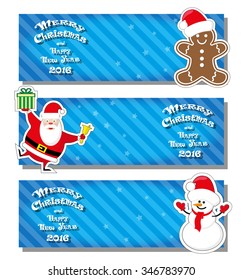 Set of vector Christmas banner with Santa Claus, snowman, Gingerbread Man and hand drawn text Merry Christmas and Happy New Year 2016 on gradient stripped background