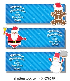 Set of vector Christmas banner with Santa Claus, snowman, Gingerbread Man and hand drawn text Merry Christmas and Happy New Year 2016 on gradient stripped background