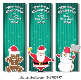 Set of vector Christmas banner with Santa Claus, snowman, Gingerbread Man and hand drawn text Merry Christmas and Happy New Year 2016 on gradient stripped background