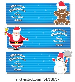 Set of vector Christmas banner with Santa Claus, snowman, Gingerbread Man and hand drawn text Merry Christmas and Happy New Year 2016 on gradient stripped background
