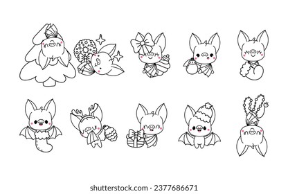 Set of Vector Christmas Bat Coloring Page. Collection of Kawaii Isolated New Year Animals Outline. 