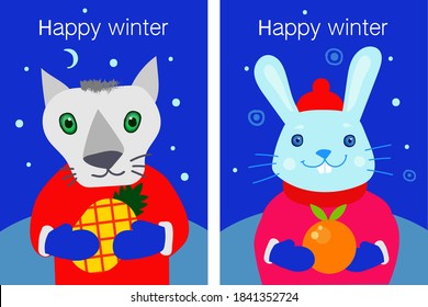 Set of vector Christmas cards. Animals hold a fruit. The wolf is holding a pineapple. A hare holds an orange. The winter landscape is in the background. The painting has the inscription "happy winter"