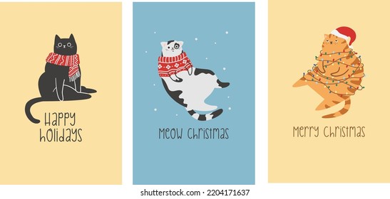 A set of vector Christmas cards with cats. Cute cat sitting entangled in the Christmas garland. Black cat in a warm scarf. Kitten in a New Year's sweater. 