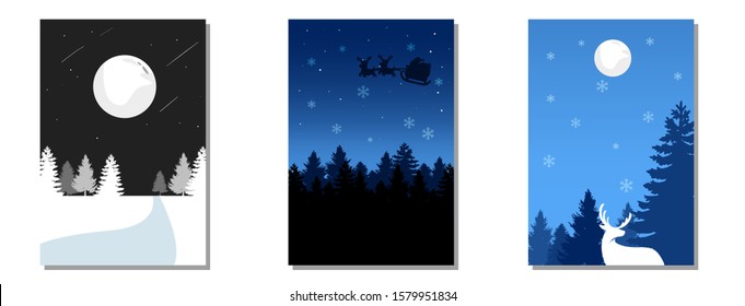 Set of vector Christmas cards. Forest, snowflakes, deer and santa claus