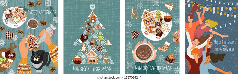 Set of vector christmas cards with gingerbread cookies, , dancing people and hands with pastry bag decorating pastries. Cute flat hand draw cartoon illustration