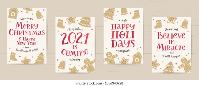 set of vector christmas cards with hand drawn gingerbreads and lettering on wood background