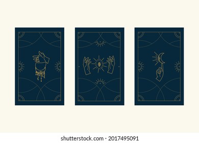 Un conjunto de tarjetas vectoriales de Navidad. Ilustración con objetos místicos y festivos de oro. Las manos y la luna en el brillo de las estrellas por divinidad para Navidad. Ilustración del vector