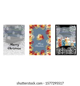 set of vector Christmas cards. Christmas landscape. village in winter. floral ornament