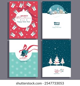 set of vector christmas cards in winter holiday colors with christmas tree, houses, snowflakes, bells