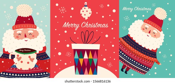 Set of Vector Christmas cartoon illustrations with cute Santa Claus and gift box