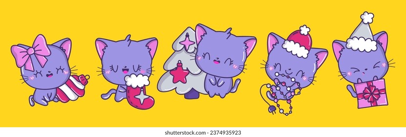 Set of Vector Christmas Cat Illustrations. Collection of Kawaii Isolated Christmas Pet Art for Stickers. 