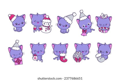 Set of Vector Christmas Cat Illustrations. Collection of Kawaii Isolated Christmas Pet Art for Stickers. 