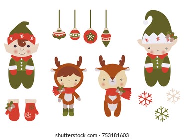 A set of vector Christmas characters and decorations. Christmas toys, elves, deer, snowflakes. New Year. Can be used for the sticker or celebration postcard
