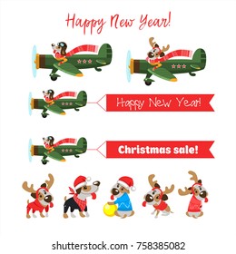 Set of vector Christmas characters. Dog pilot flies the plane. Dogs in Christmas costumes.